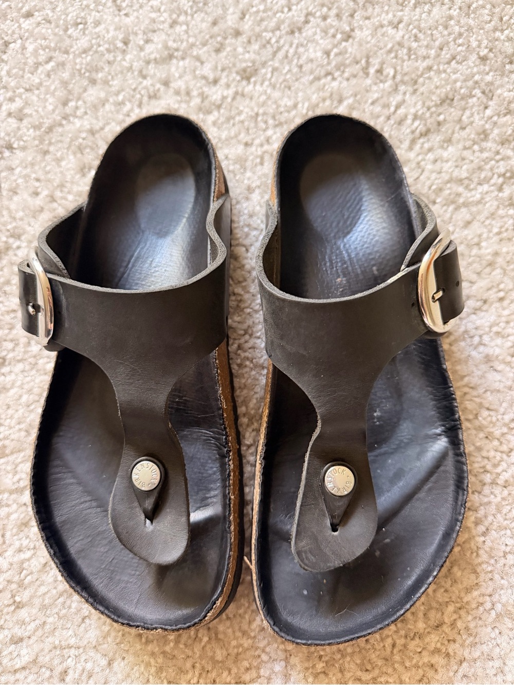 Birkenstock Black Leather Thong Sandals with Silver Buckles